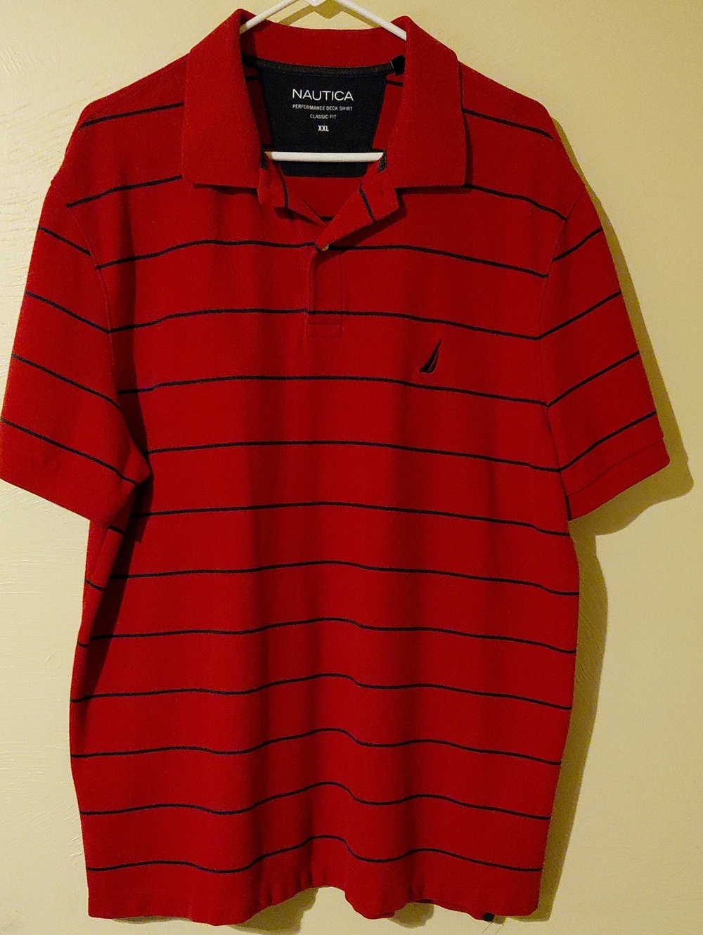Nautica Red Polo with Thin Navy Stripes